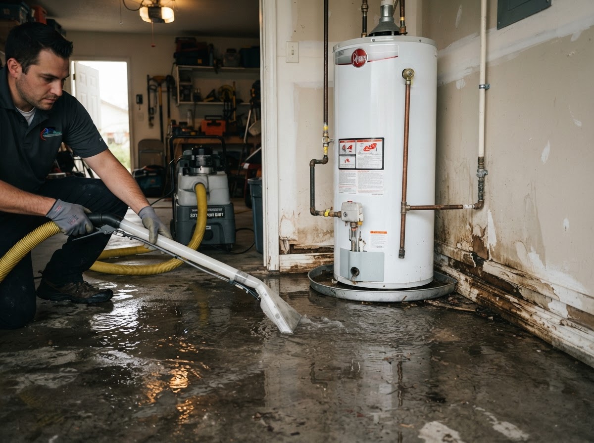 Water heater leak cleanup and water extraction in a Leander Texas property