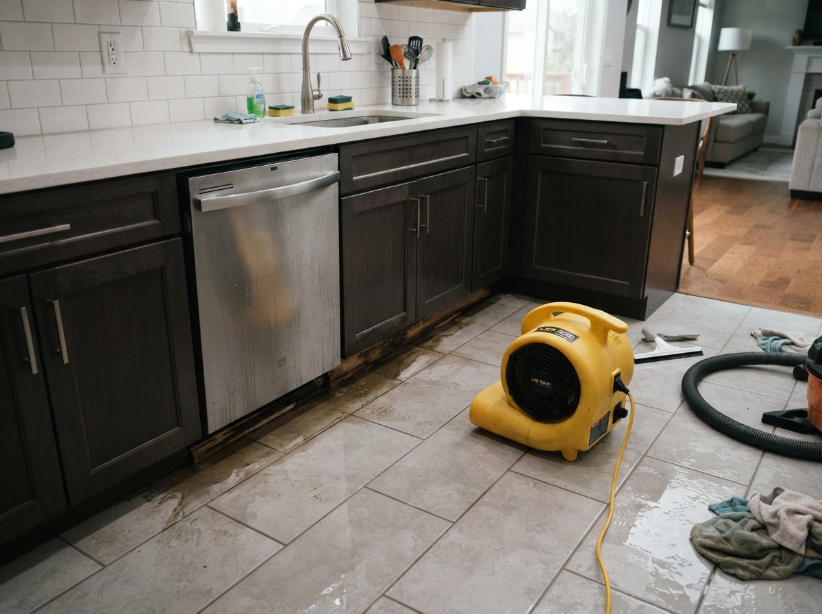 Dishwasher leak and kitchen water damage cleanup in Leander Texas