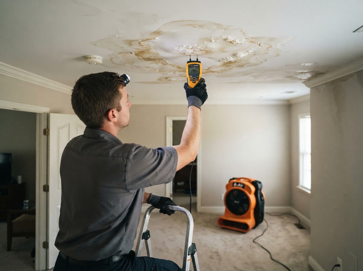 Ceiling water damage and wet drywall cleanup in a Leander Texas property