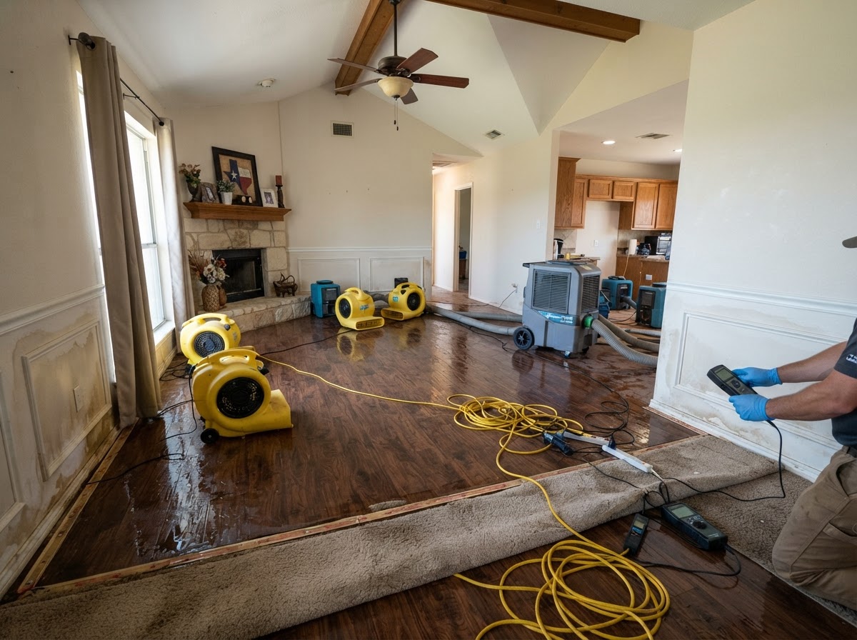 Professional water damage cleanup and structural drying in a Liberty Hill Texas home