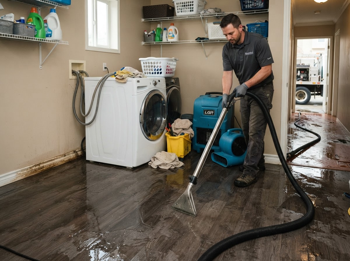 Washing machine overflow and laundry room water damage cleanup in Leander Texas