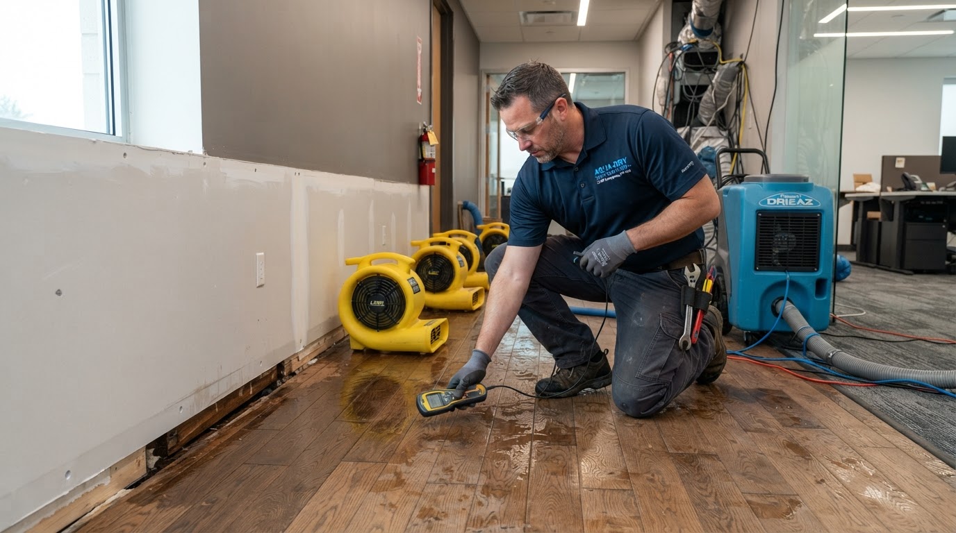 Professional water restoration technician with commercial dehumidifiers and heavy-duty centrifugal air movers drying structural floorboards