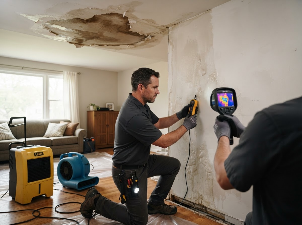 Roof leak ceiling and hidden wall water damage cleanup in Leander Texas