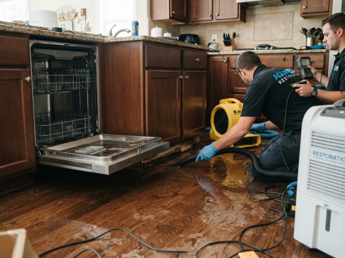 Dishwasher overflow and kitchen water damage cleanup in Leander
