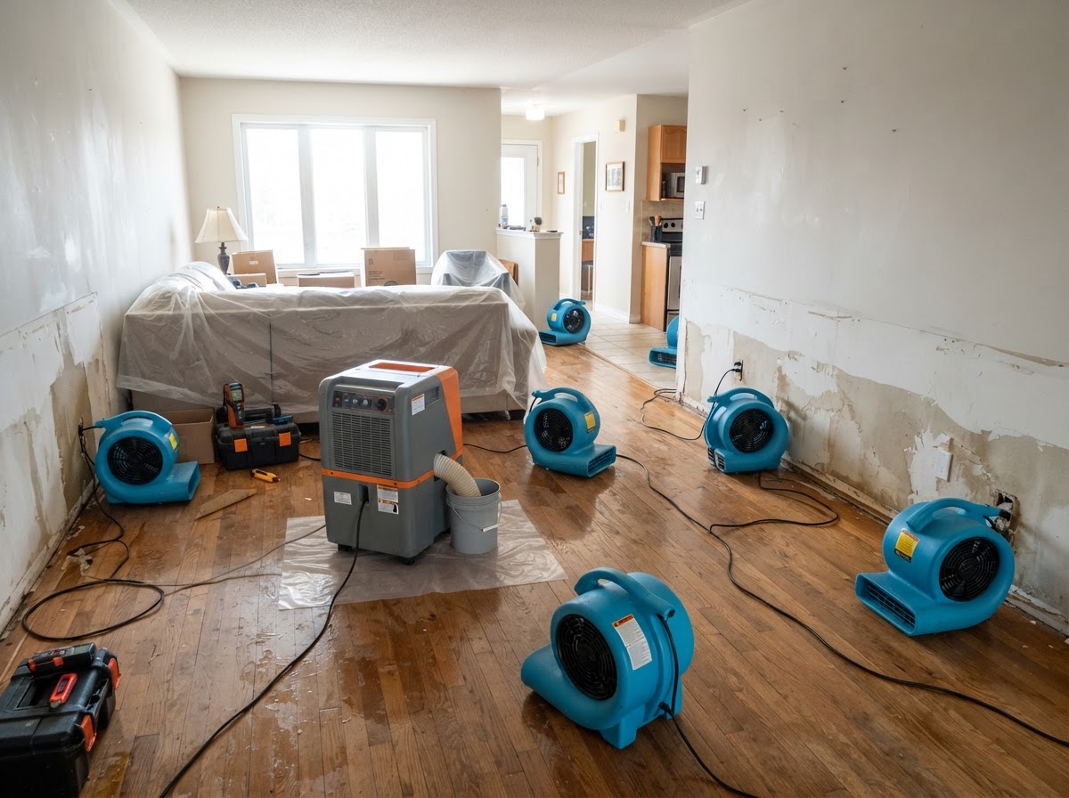 Structural drying and dehumidification equipment in a water-damaged Leander Texas property