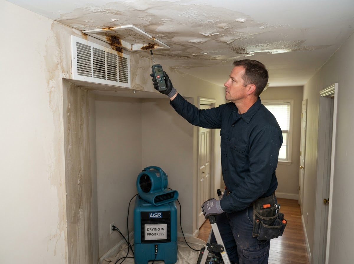 HVAC condensate drain line water damage cleanup in Leander Texas
