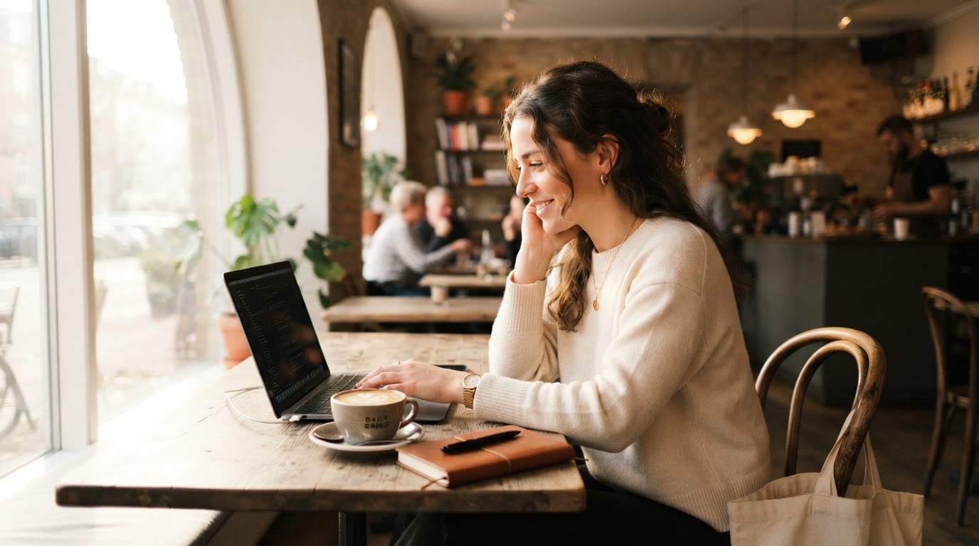 A woman working from a sunlit cafe with a laptop and coffee