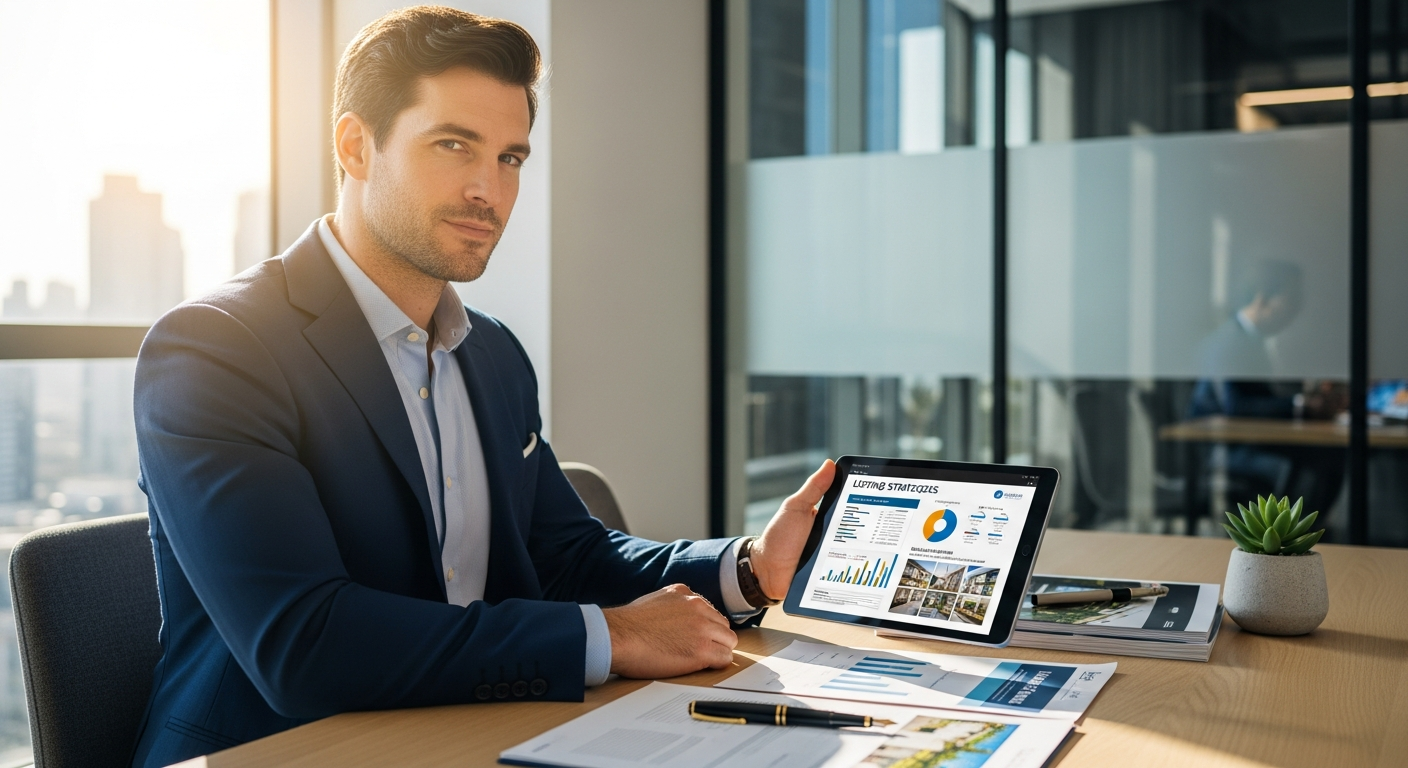 Real estate consultant reviewing marketing materials