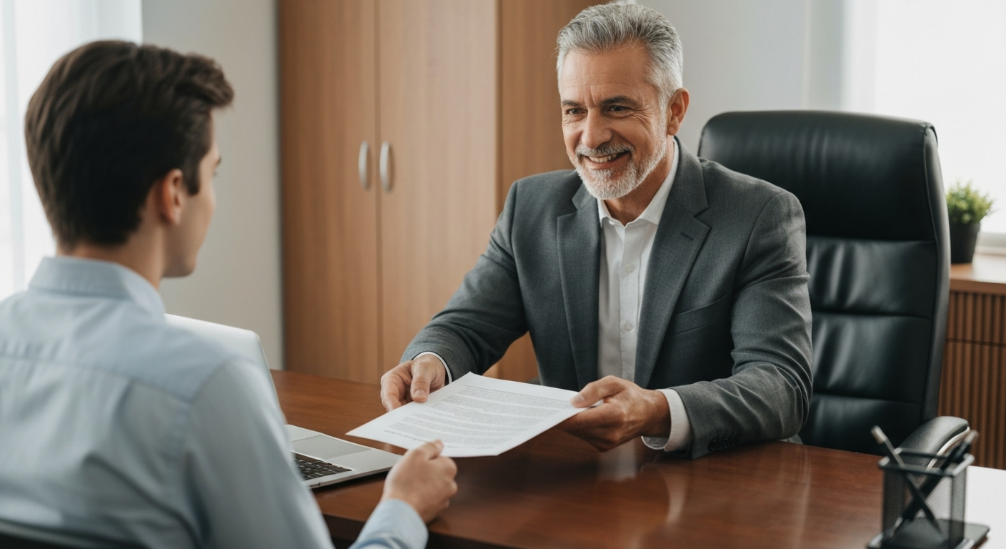 Loan officer handing a document to a client