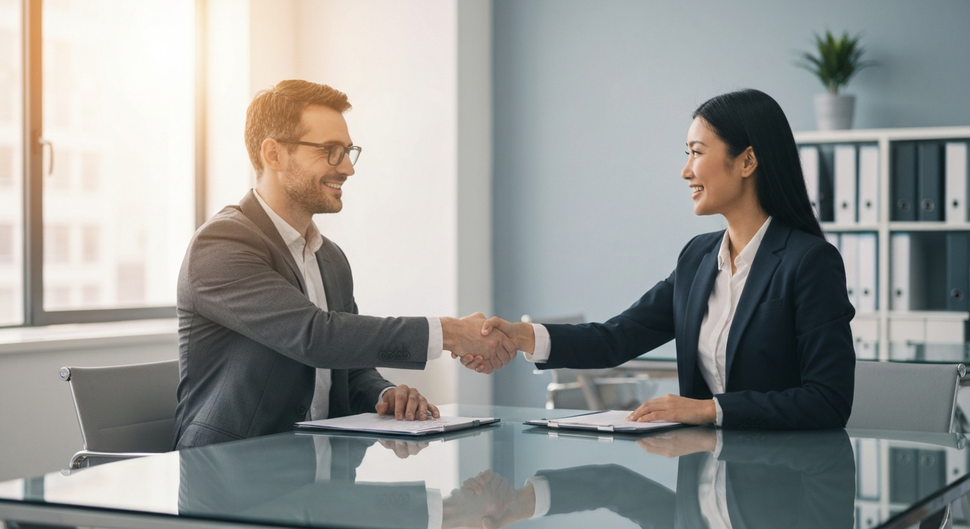 Professionals closing a deal at a modern desk