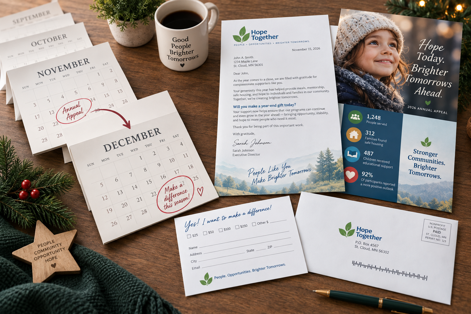 Year-End giving campaign calendar showing November and December countdown next to an annual appeal package
