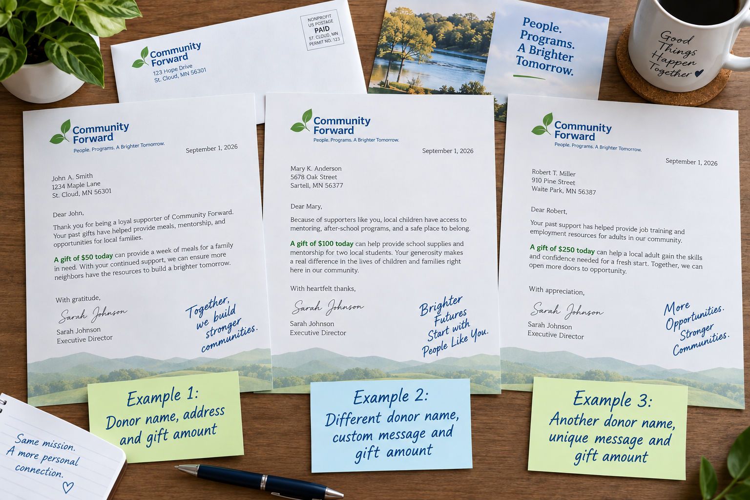 Three personalized appeal letters side-by-side with sticky notes showing different donor names, custom messages and gift amounts