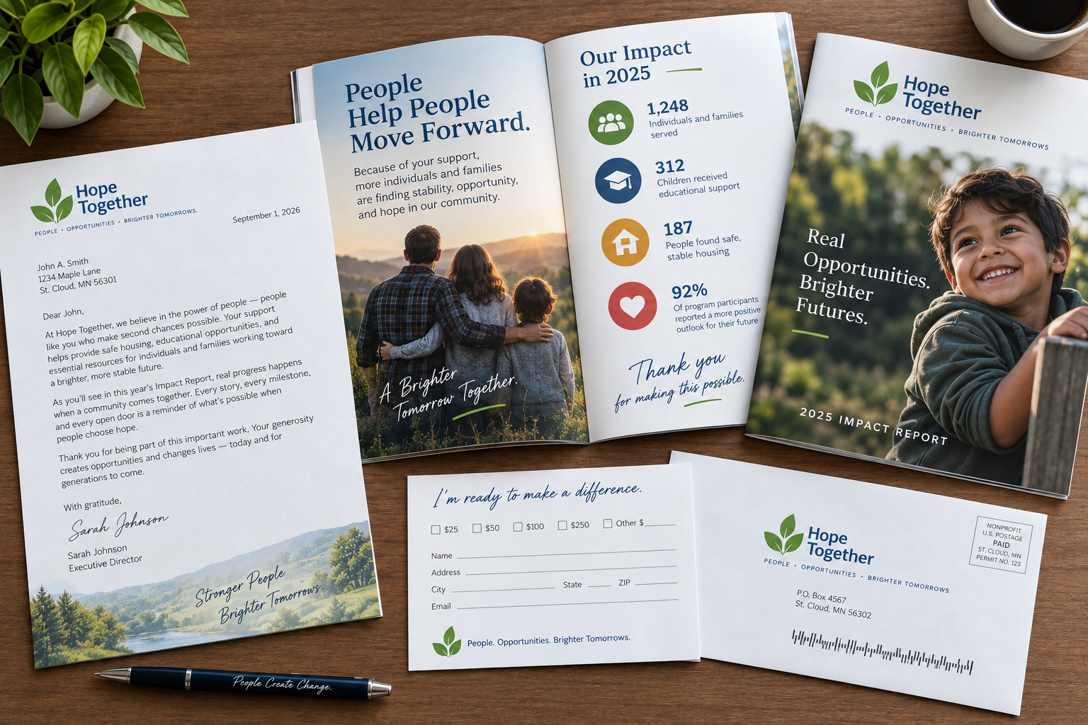 Hope Together 2025 Impact Report and annual appeal direct mail package: personalized letter, 2025 impact booklet, donation remittance card, and reply envelope