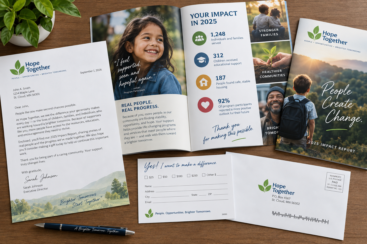 Hope Together 2025 Impact Report open booklet showing infographics, photography, appeal letter and remittance card