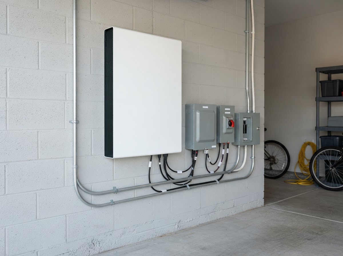 Residential solar battery storage unit in garage