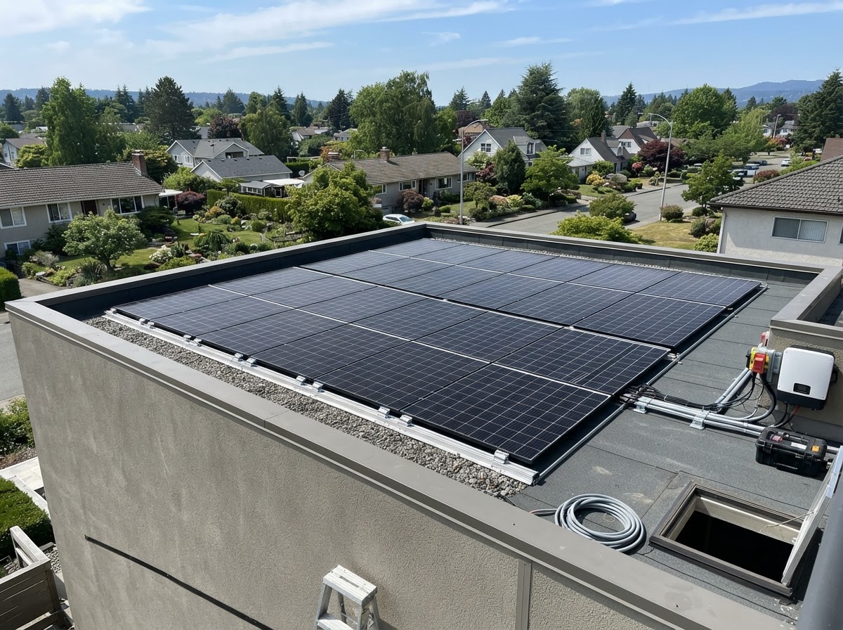 Solar panels on flat residential rooftop