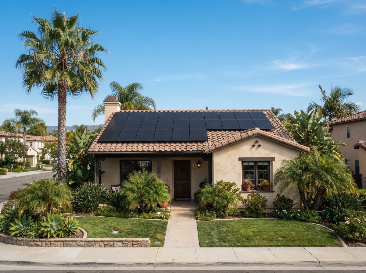 California stucco home with full rooftop solar array