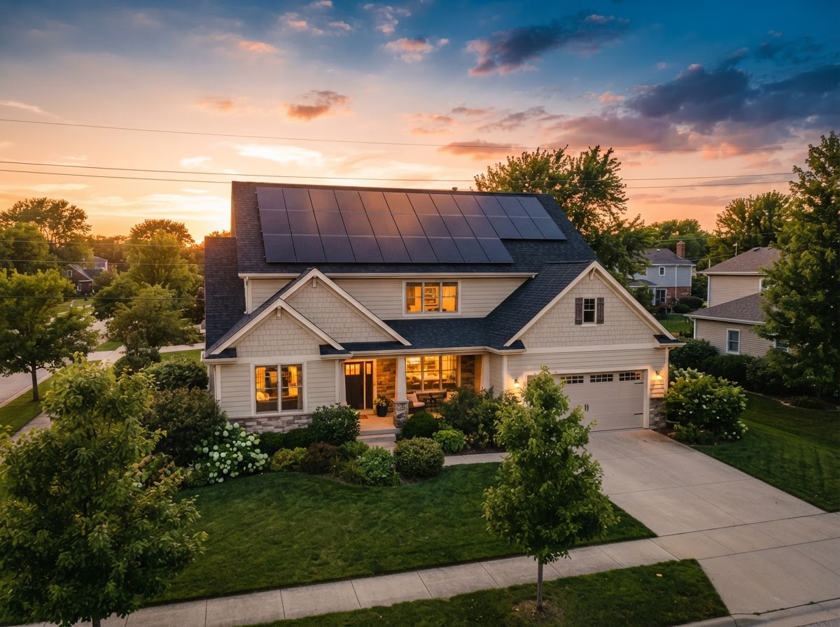 Residential rooftop solar panels at sunset