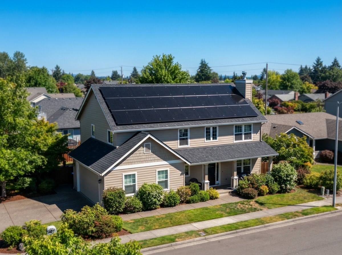 Two-story suburban home with rooftop solar panels