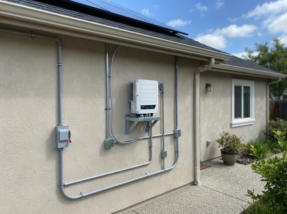 Solar inverter mounted on residential home exterior