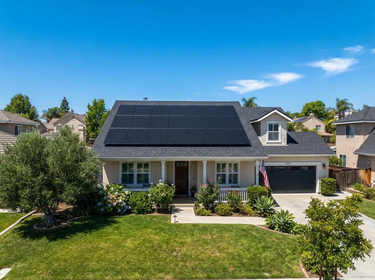 Suburban home with rooftop solar panel installation