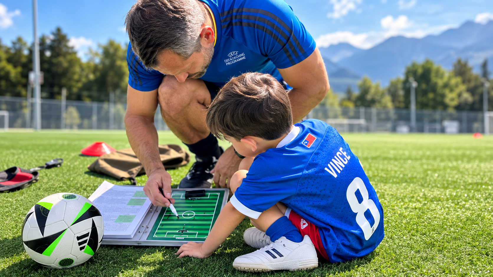 Ronny Büchel und Nachwuchsspieler Vince gemeinsam bei der taktischen Besprechung auf dem Fussballplatz