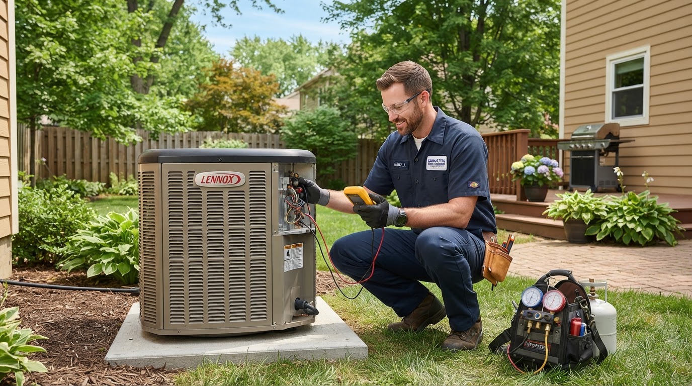 HVAC technician inspecting residential air conditioning unit