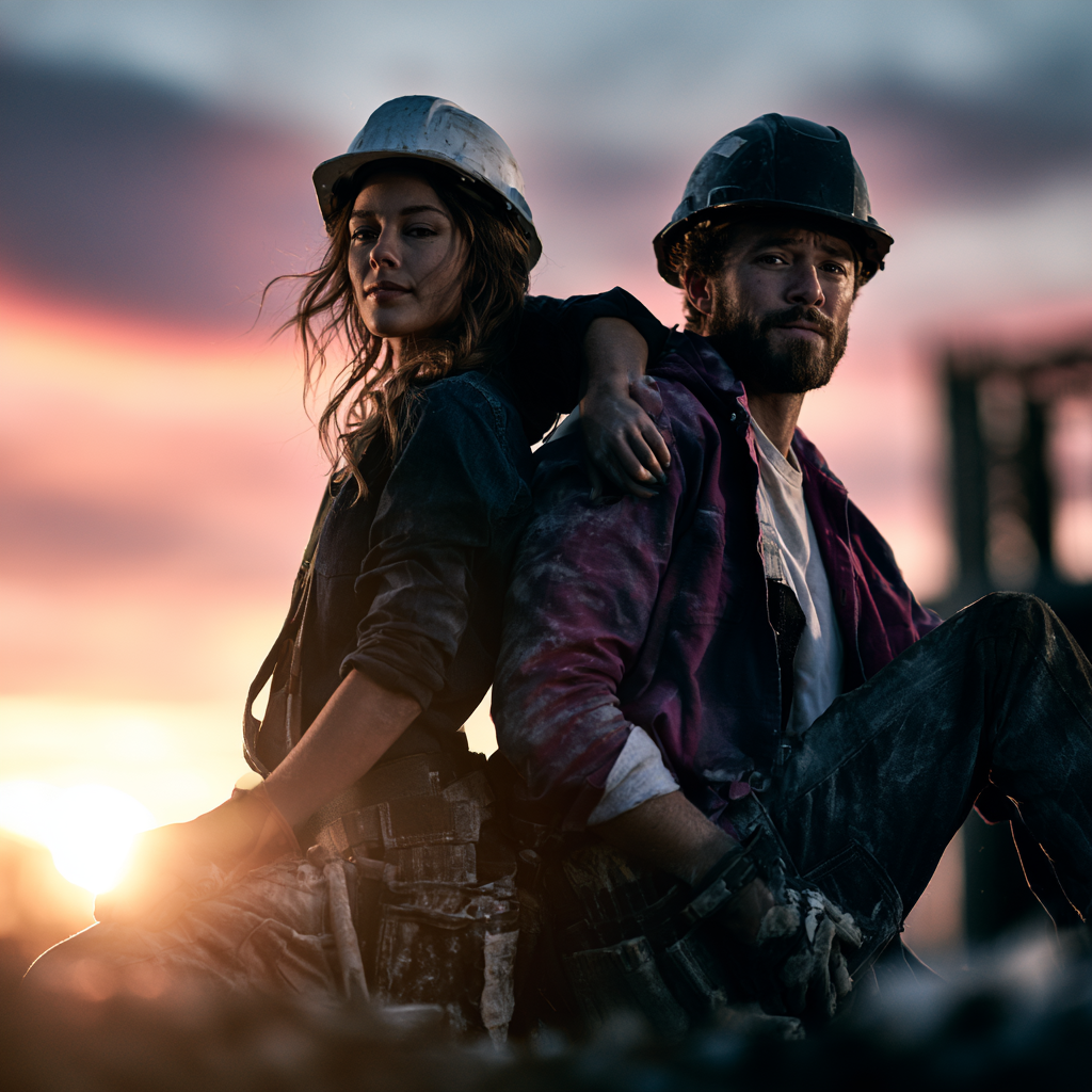 Skilled trades woman and colleague in hard hats on a worksite at sunset