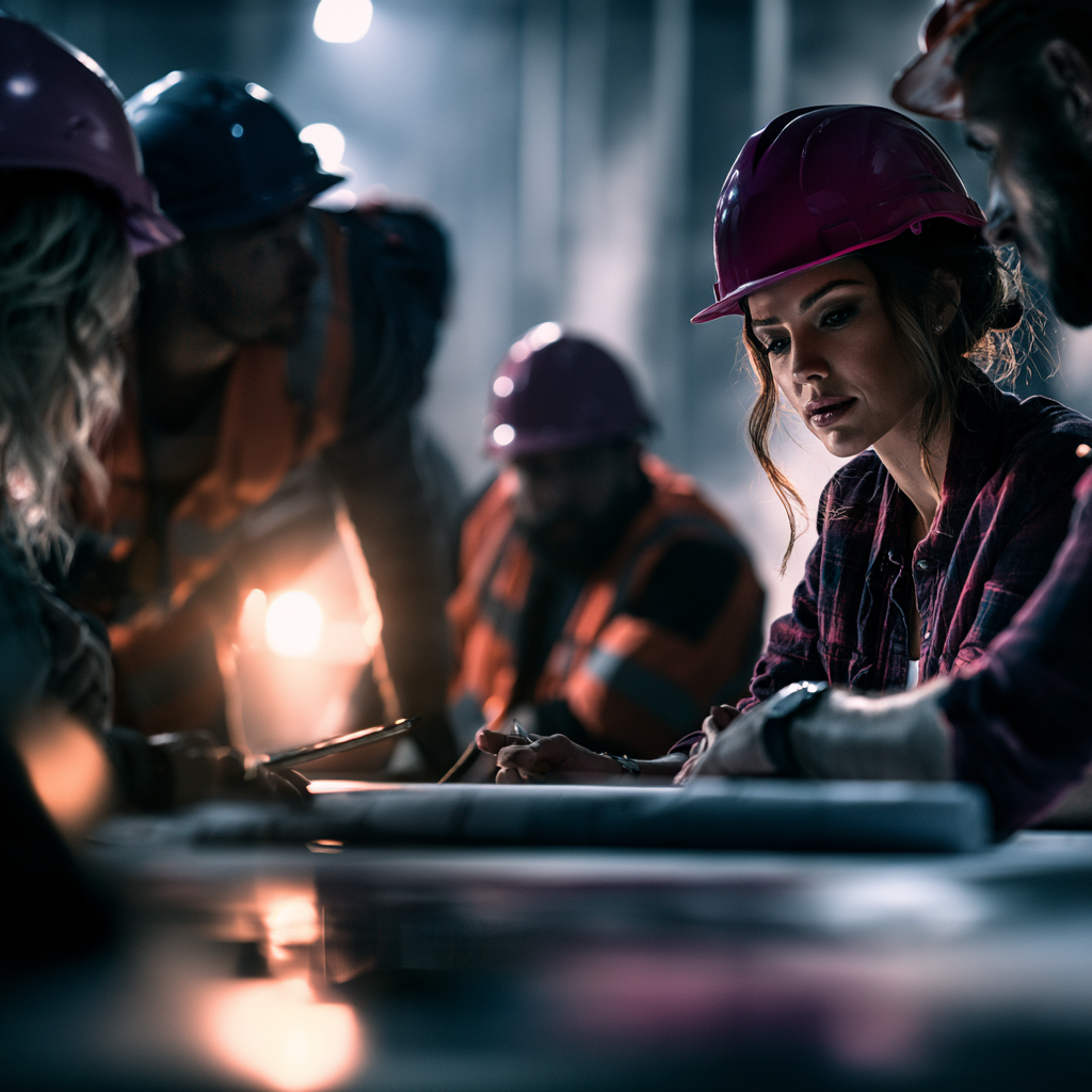 Women apprentices and crew leaders in pink hard hats reviewing plans and blueprints on an industrial worksite