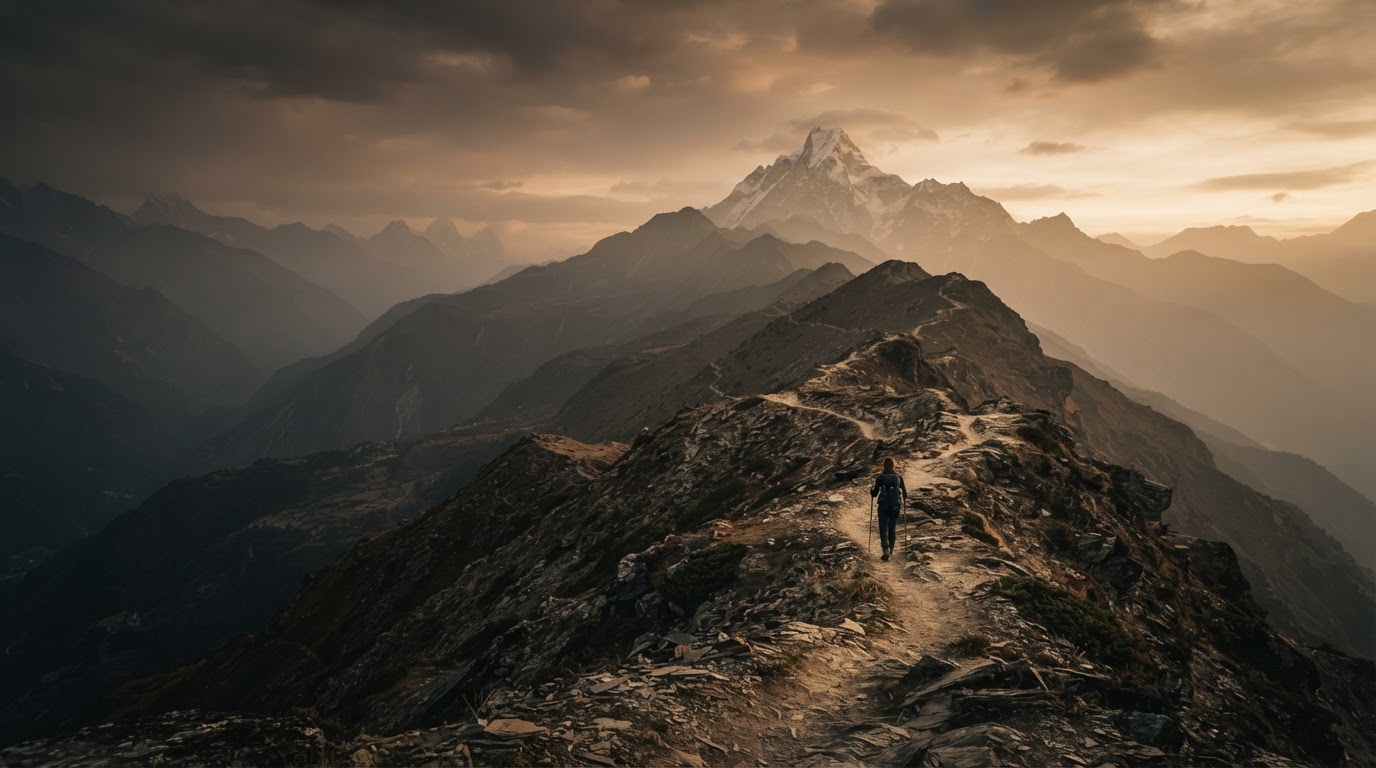 Mountain ridge trail leading toward a distant summit at golden hour