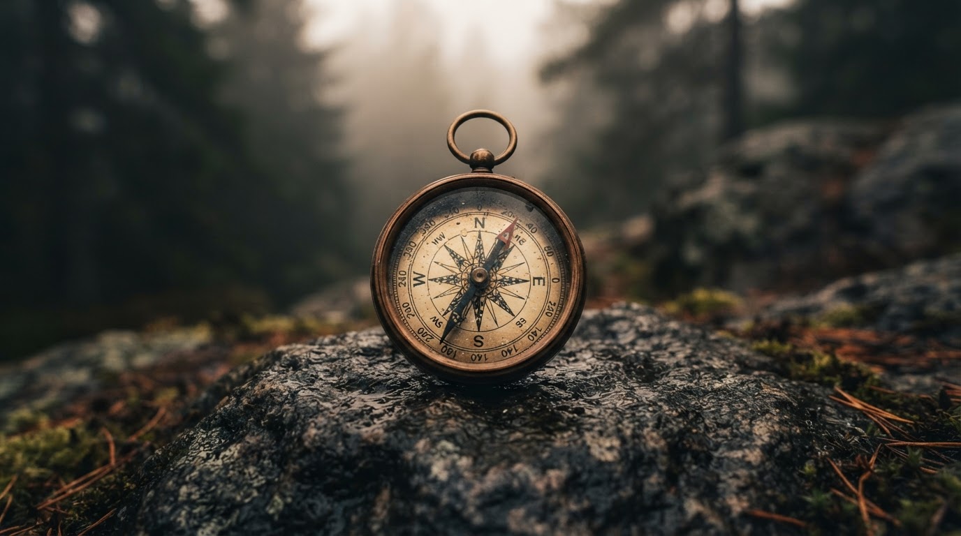 Brass compass on granite in mist