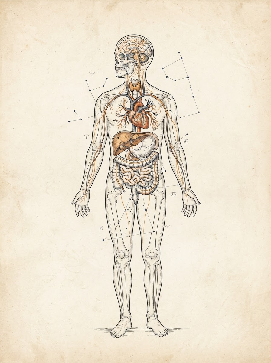 Editorial scientific line-art illustration showing interconnected physiological systems in a gender-neutral figure.