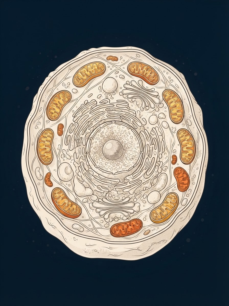 Editorial illustration of a human cell with visible mitochondria.