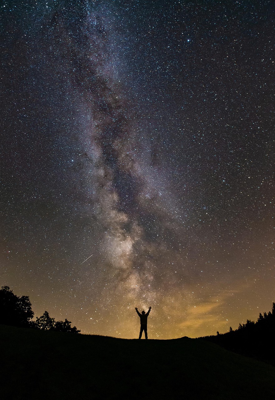 A silhouette under a vast starry night sky and Milky Way.