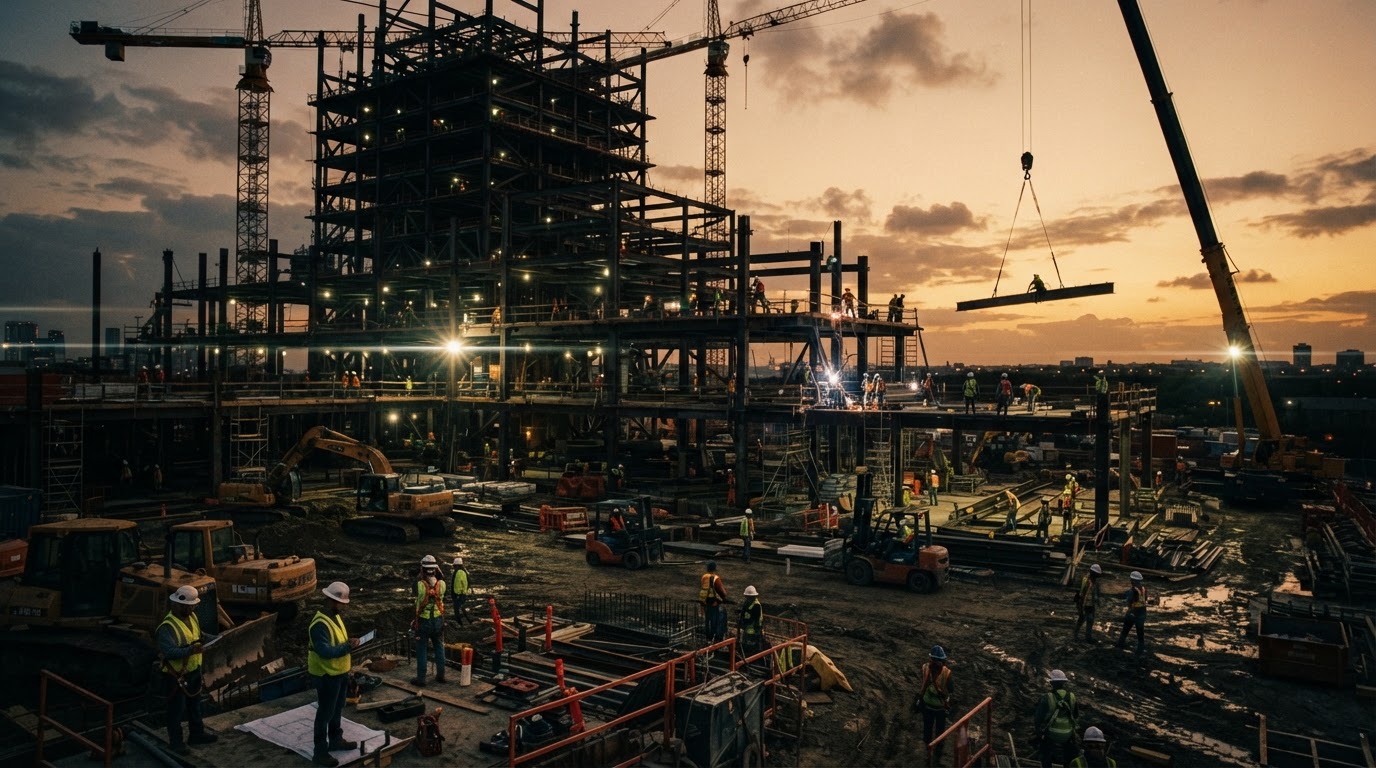 Cinematic wide shot of an active construction site at dusk with cranes and heavy equipment