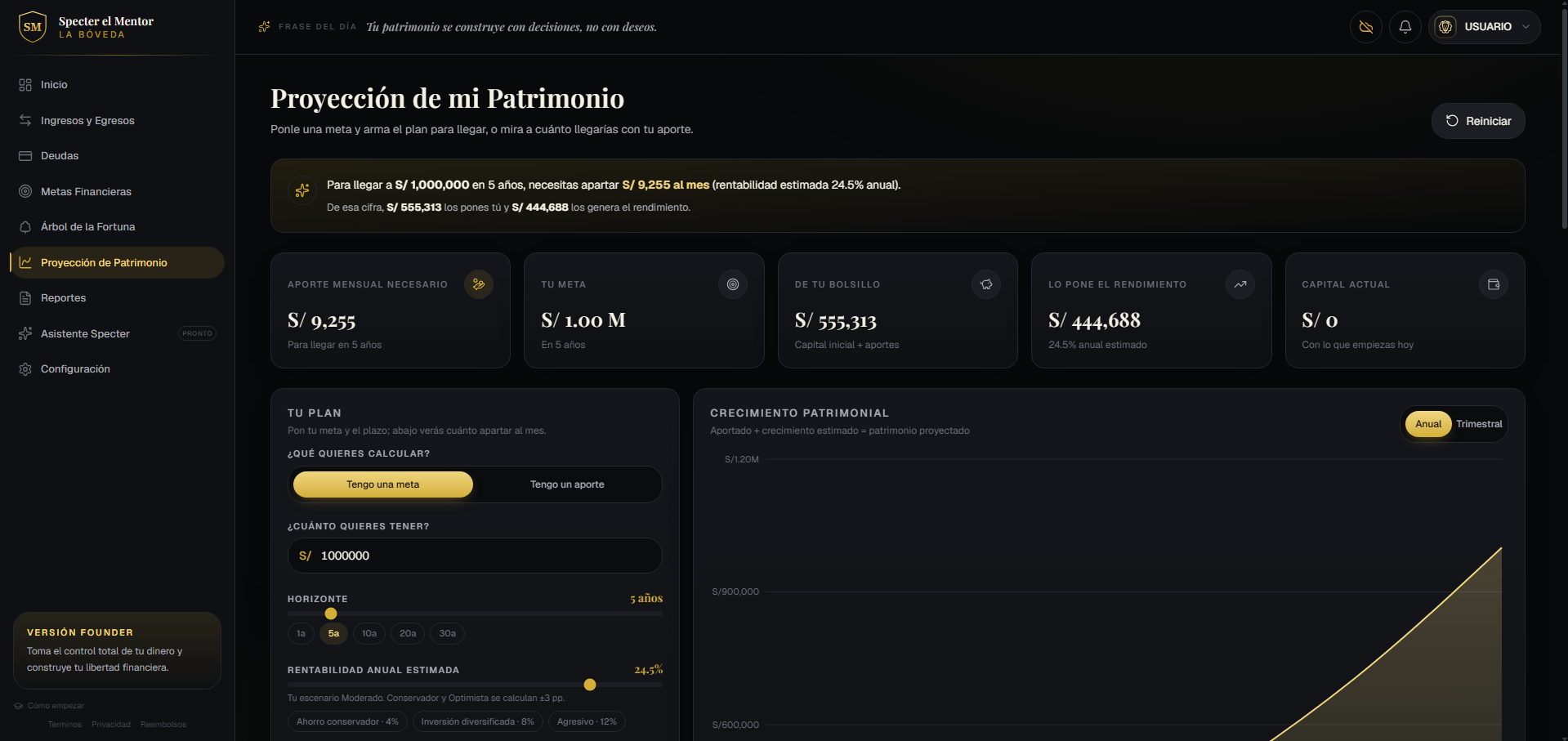 Captura del módulo Proyección de Patrimonio en La Bóveda: metas, aportes y rentabilidad estimada