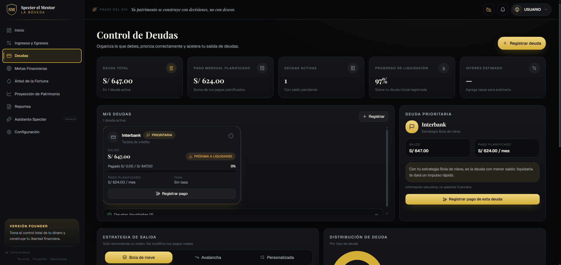 Captura del módulo Control de Deudas en La Bóveda: bola de nieve, saldos y pagos planificados