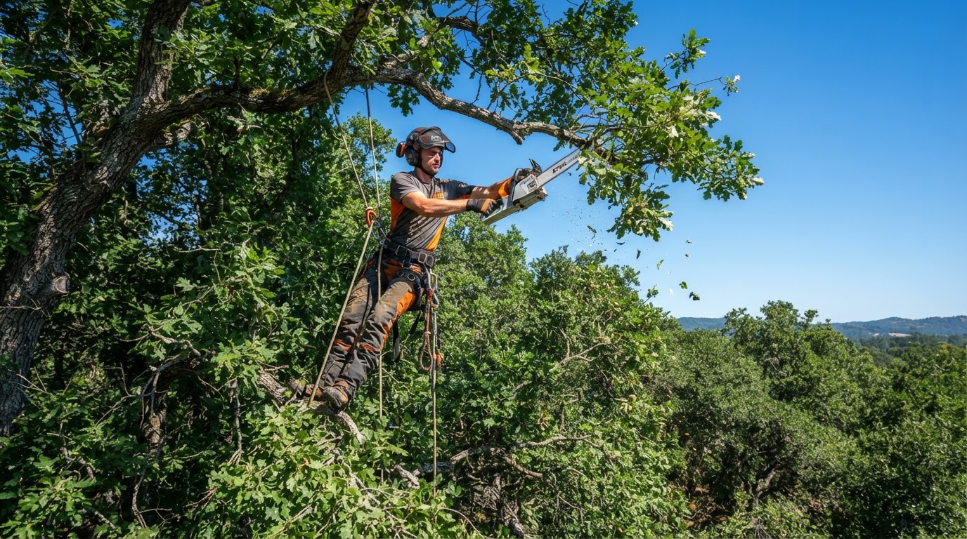 Arborist trimming upper branches of a tall tree with a pole saw