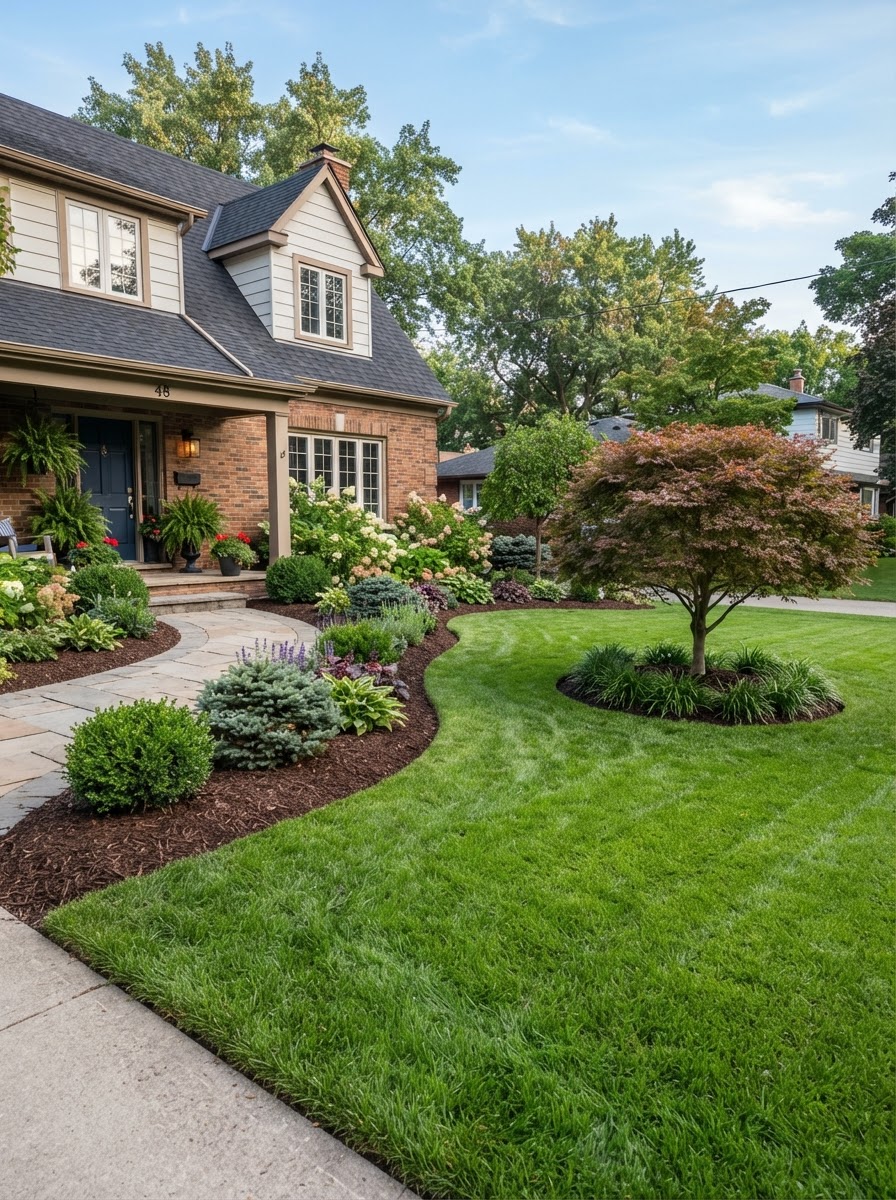 Manicured lawn with fresh mulch beds and trimmed landscaping