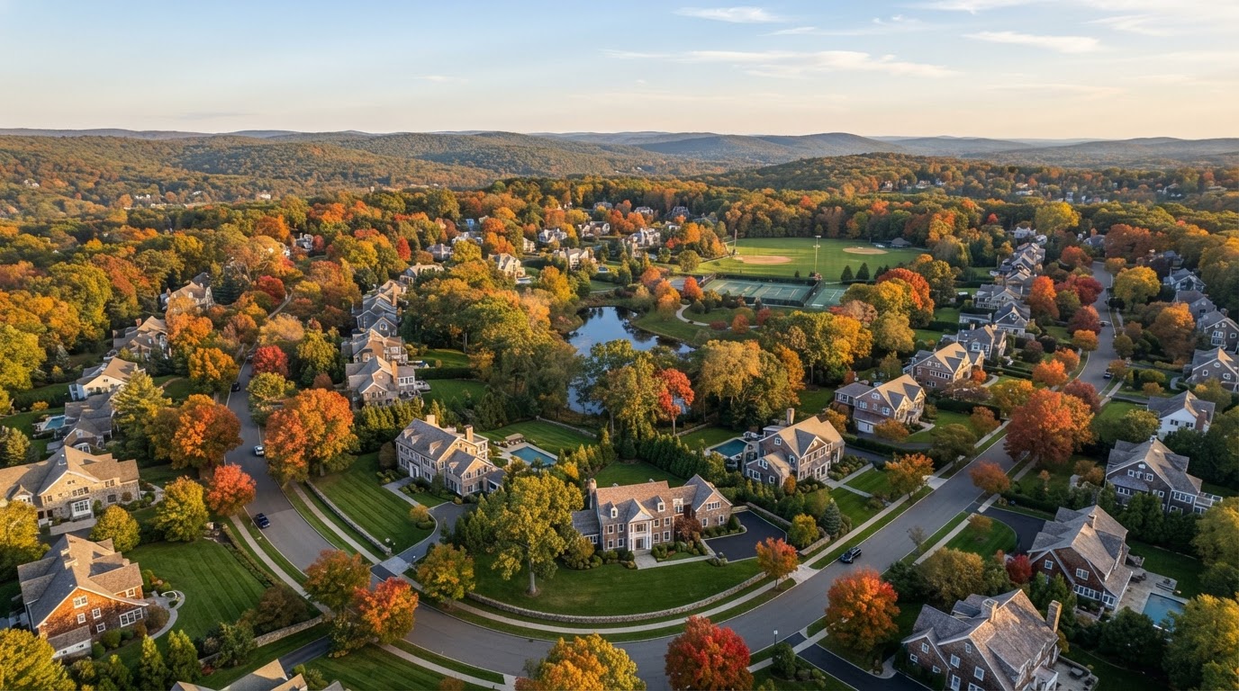 Connecticut suburban neighborhood with mature trees