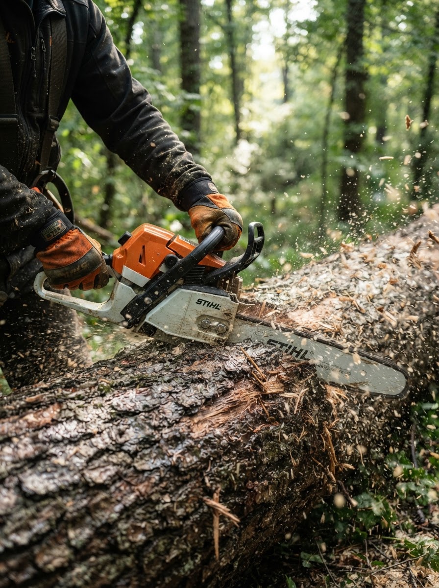 Arborist cutting through a tree trunk