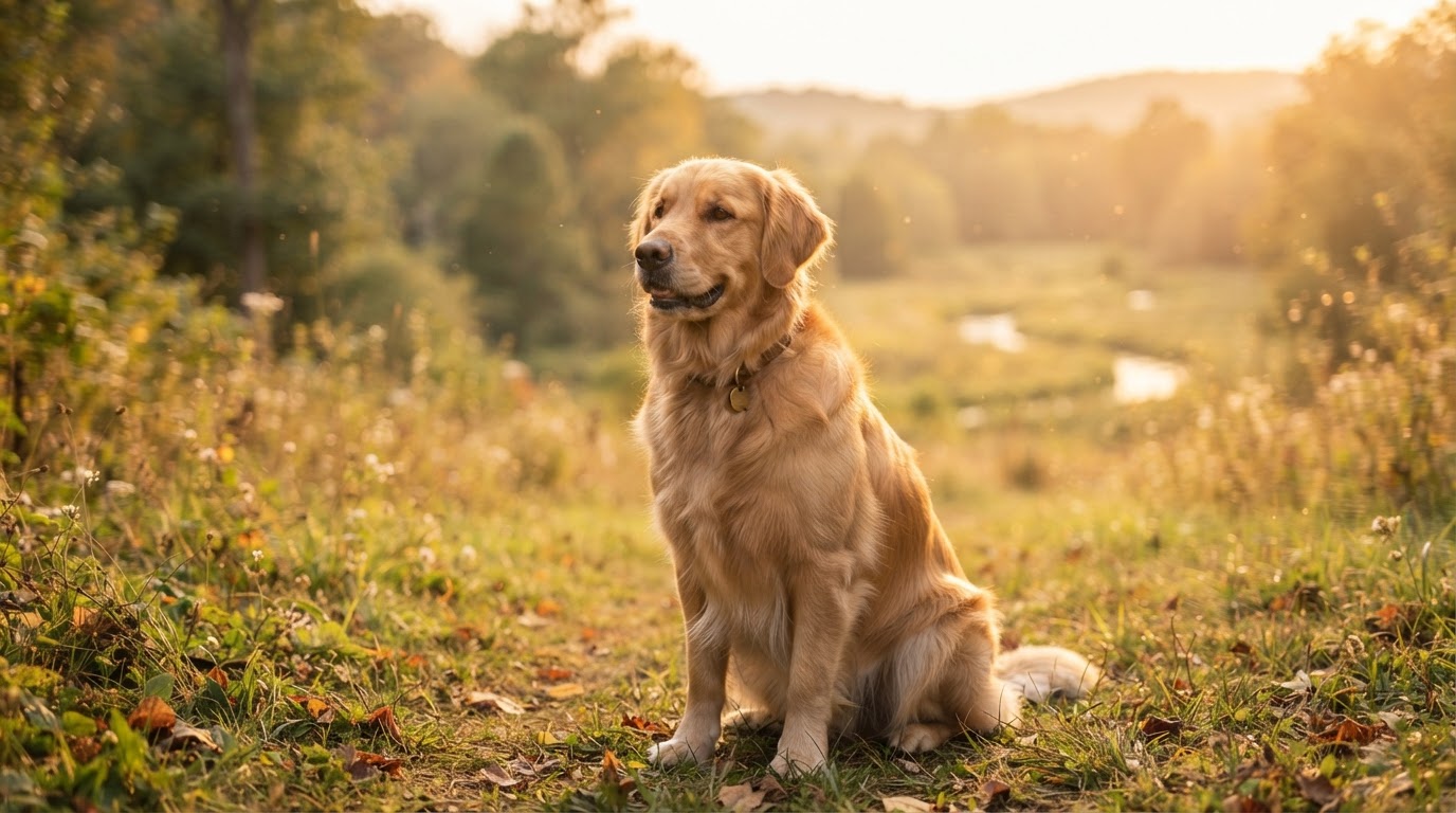 A loyal golden retriever sitting peacefully at golden hour