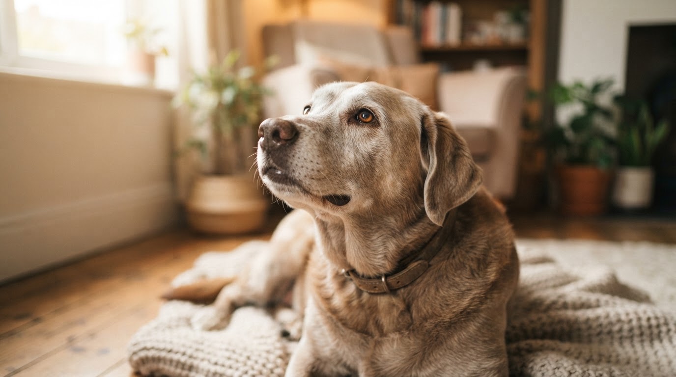 A happy senior dog with a graying muzzle looking up lovingly