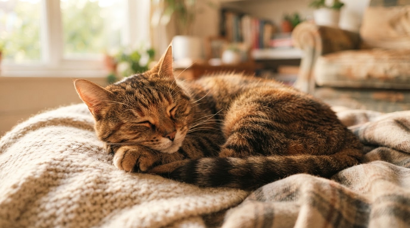 A calm tabby cat resting peacefully