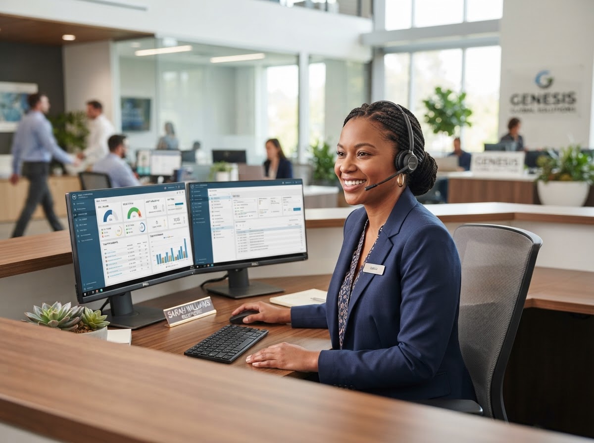 African American woman working at a Virtual Front Office reception desk