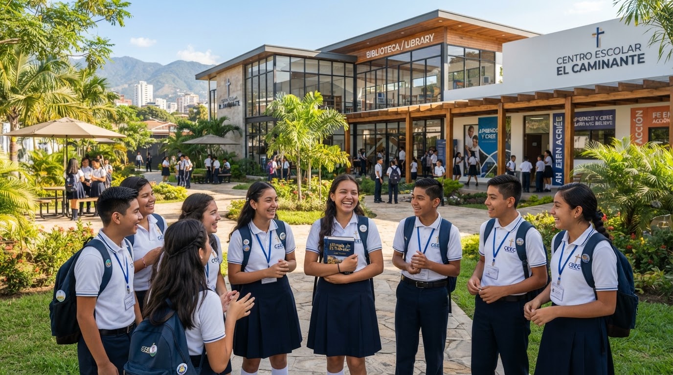 Estudiantes felices en el campus de ICS Colegio Cristiano El Salvador