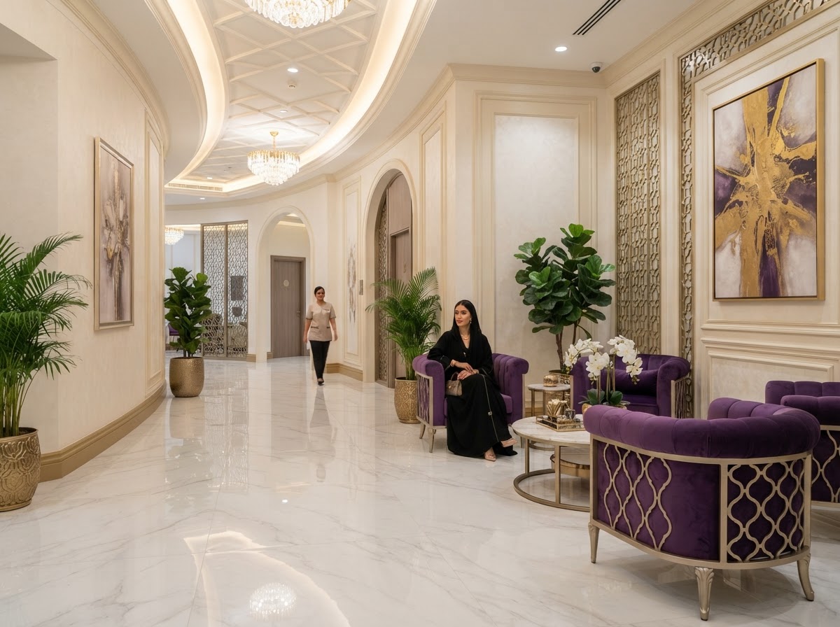 SereneMed Royal Clinic interior with velvet purple seating and gold accents