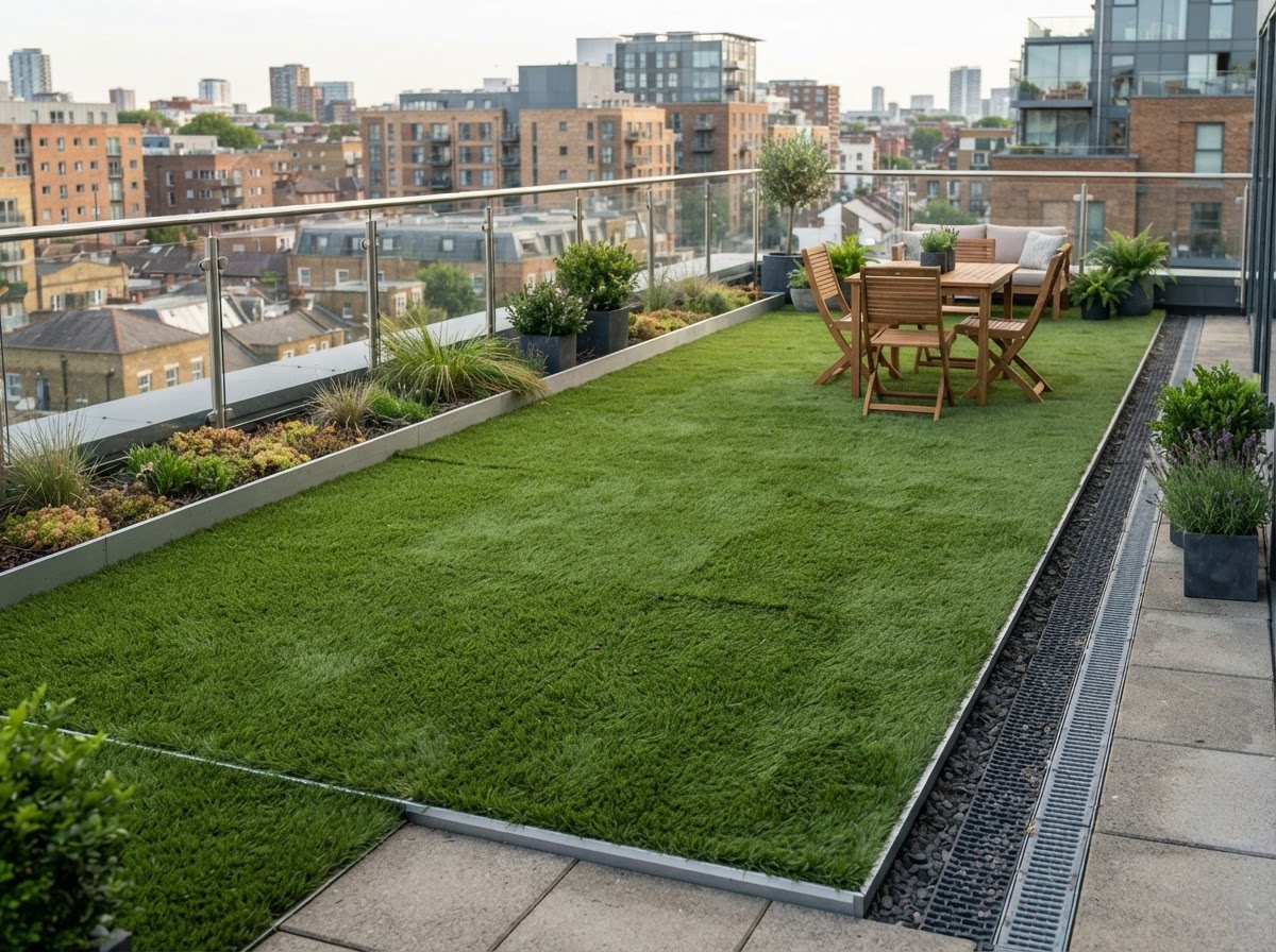 Artificial turf installed on a rooftop terrace of an urban residential building with perimeter edge detailing