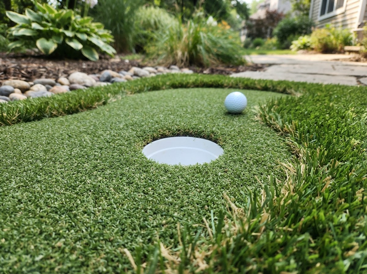 Close-up of a synthetic putting green surface showing cup, fringe turf transition and contour
