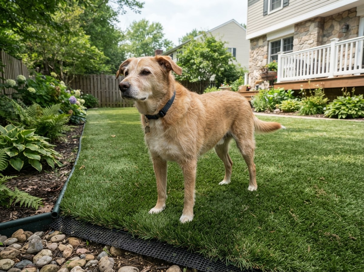 Dog resting on a green artificial turf backyard lawn at a Pennsylvania home